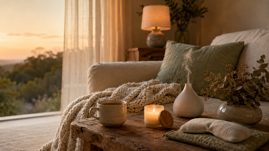 Image alt text	Warm evening comfort ritual scene with tea, candle, diffuser, eye pillow and soft blanket in a calm Australian home.