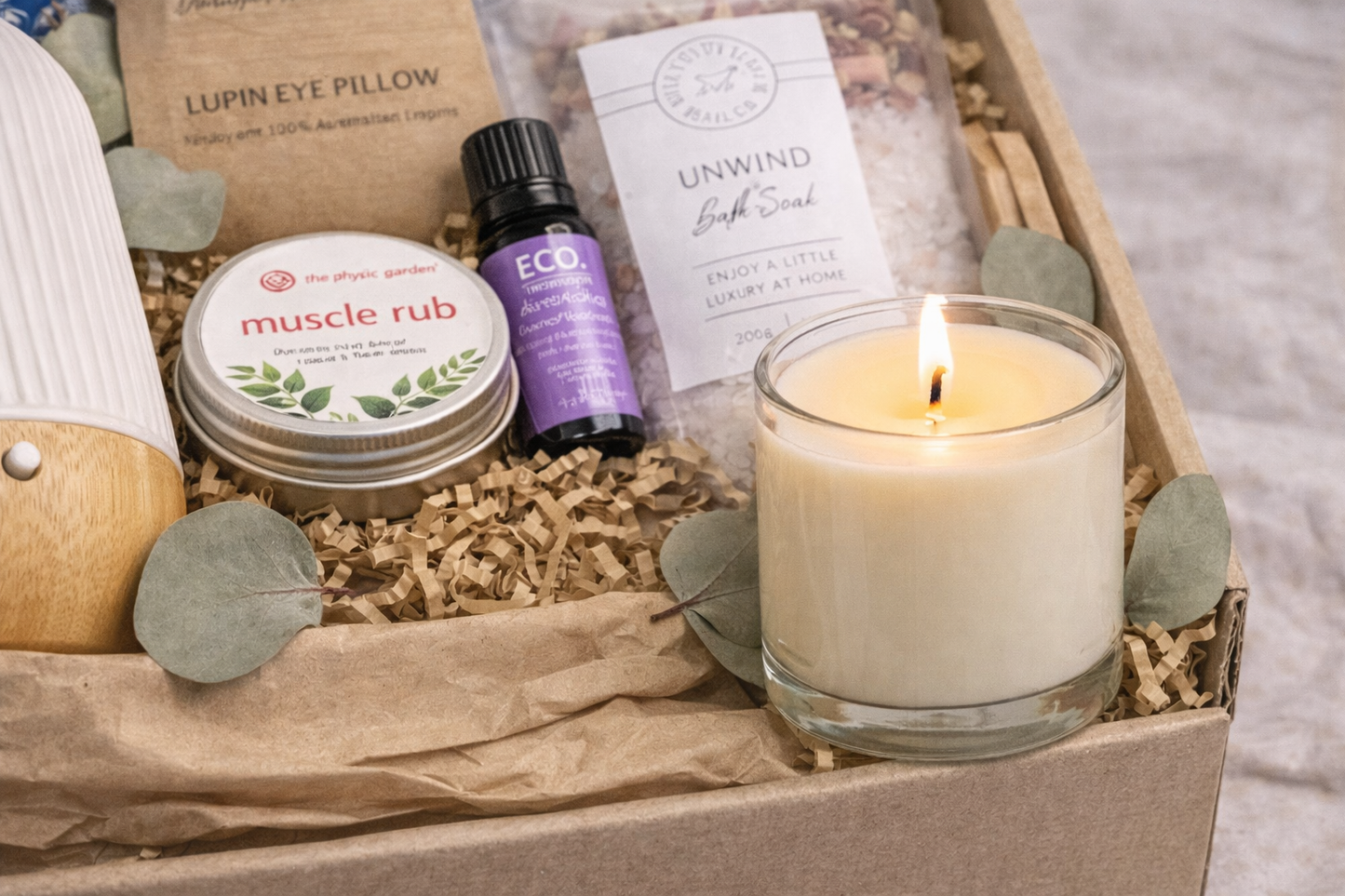 Gentle Eze Evening Unwind Kit gift packaging, eco-wrapped self-care set for calm evenings