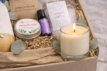 Gentle Eze Evening Unwind Kit gift packaging, eco-wrapped self-care set for calm evenings