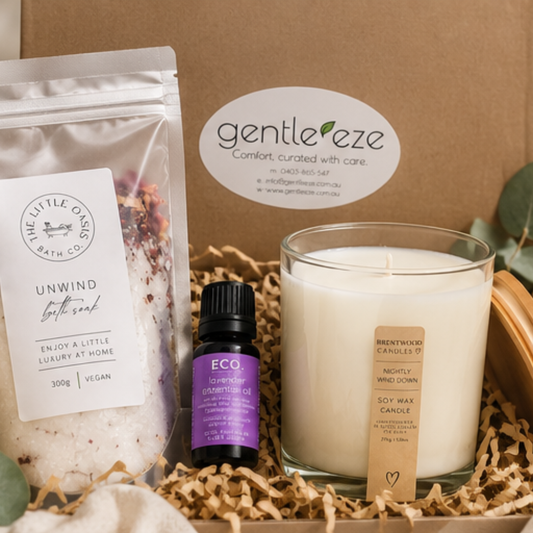 Bath salts, lavender oil and soy candle in a kit packaged