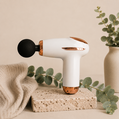 white and gold coloured compact massage gun with 3 attachments on natural stone, beige background and eucalyptus