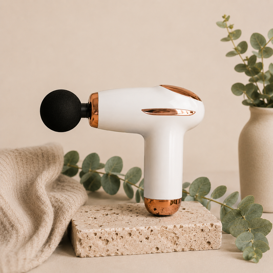 white and gold coloured compact massage gun with 3 attachments on natural stone, beige background and eucalyptus