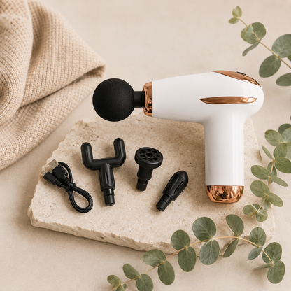 White and rose gold handheld device with black attachments on a stone surface with eucalyptus leaves.