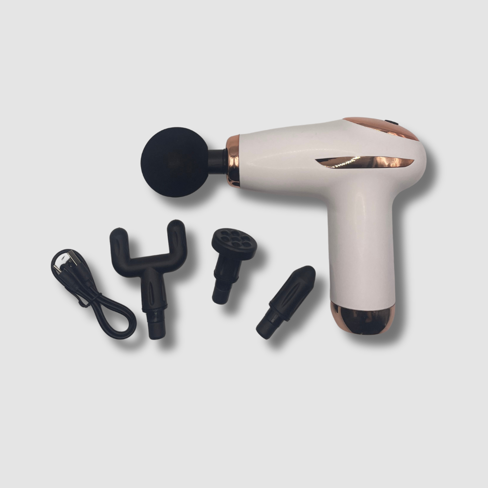 beige handheld compact massage gun with black attachments on a light gray background