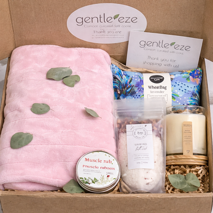 Gentle Eze product set including a pink towel, candle, and other items in a kit box.