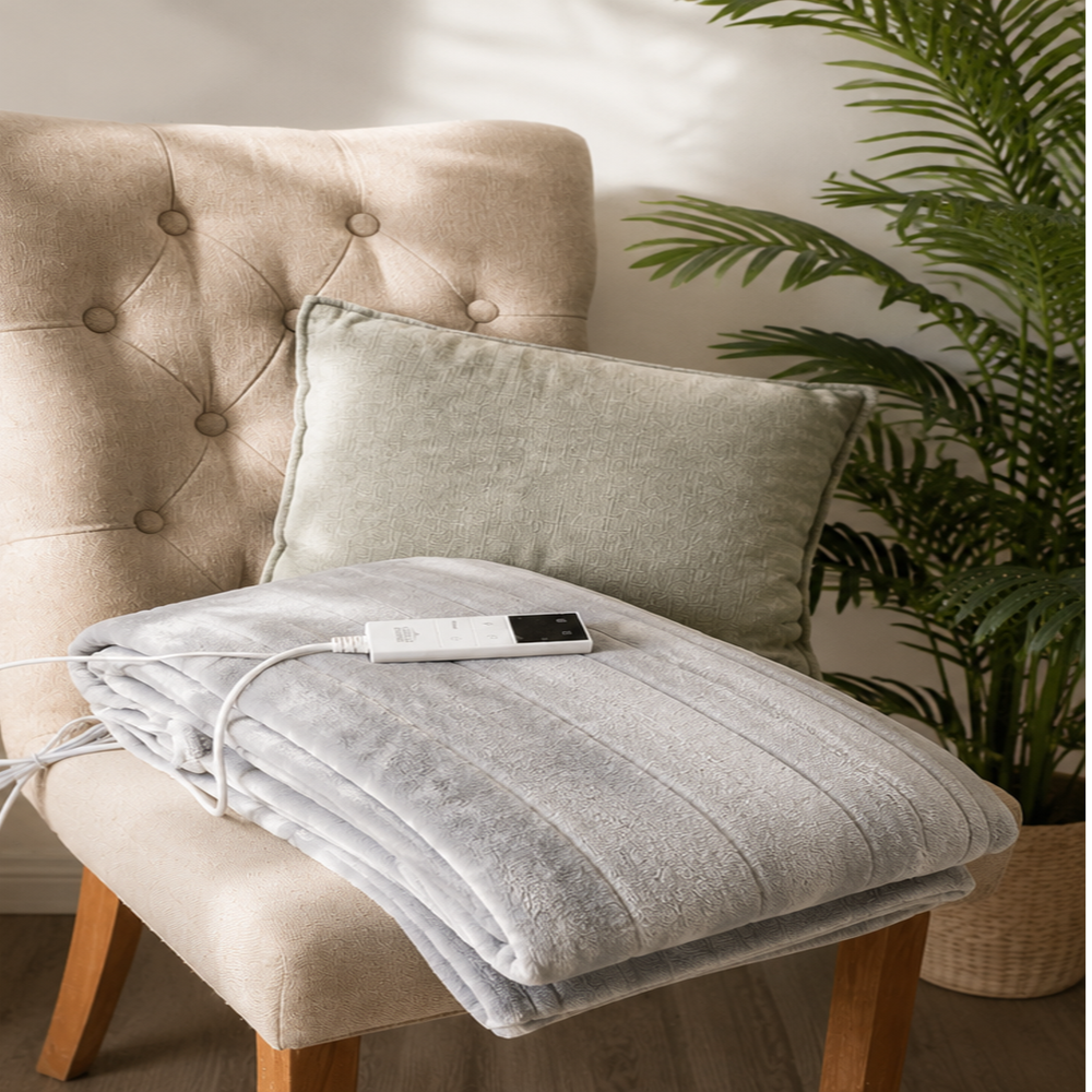 Gentle Eze Luxury Heated Comfort Blanket in silver grey, folded, 160x130cm coral fleece, SAA approved
