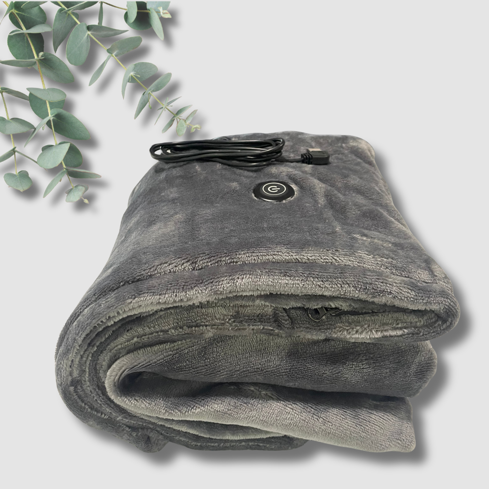 Gentle Eze wearable heated electric blanket in charcoal grey, USB powered shoulder wrap for home comfor