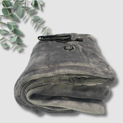Gentle Eze wearable heated electric blanket in charcoal grey, USB powered shoulder wrap for home comfor